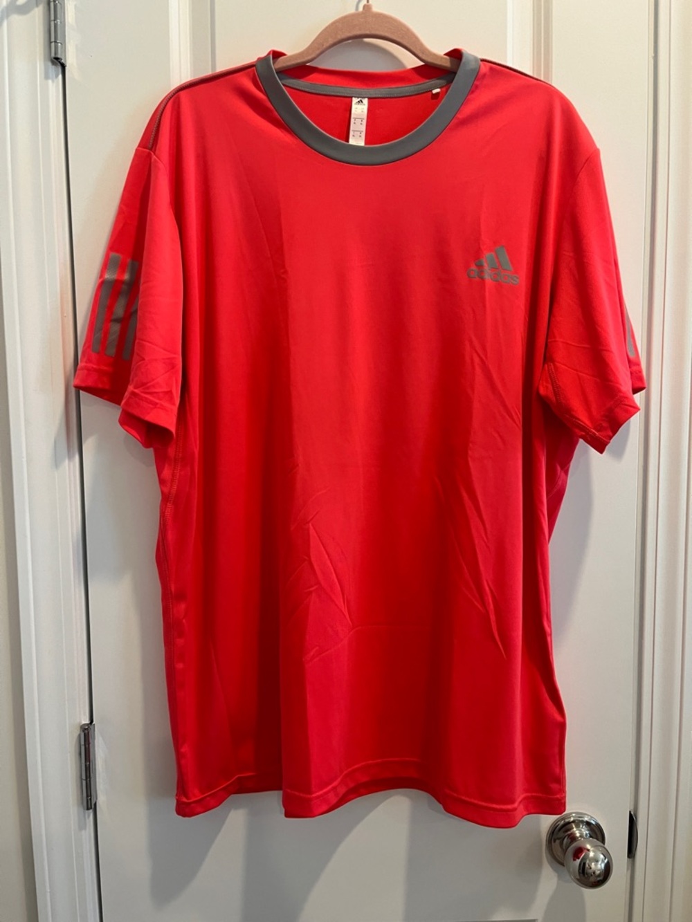 adidas Neon Coral Short Sleeve Performance Tee with Gray Accents - size L